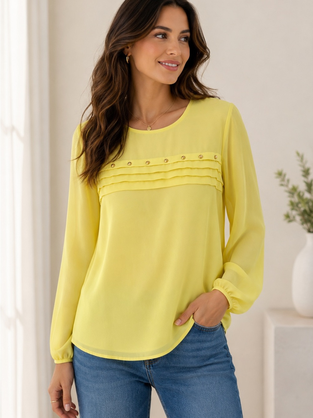 Forever 21 Yellow Pleated Yoke Long-Sleeve Blouse